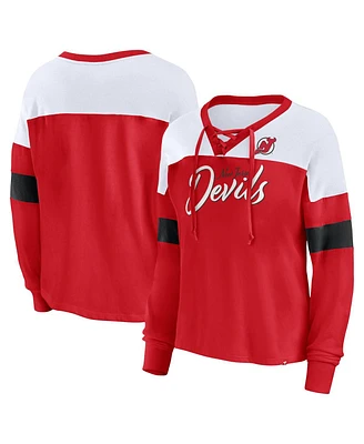 Fanatics Women's Red New Jersey Devils Take the Shot Long Sleeve Lace-Up V-Neck T-Shirt