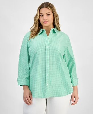 Kasper Plus Gingham Button-Up 3/4-Sleeve Shirt