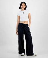 Juniors Crop Leopard Heart Crewneck Top Side Stripe Wide Leg Track Pants