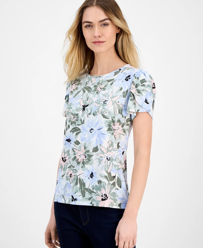 Ak Anne Klein Women's Printed Crewneck Tulip-Sleeve T-Shirt