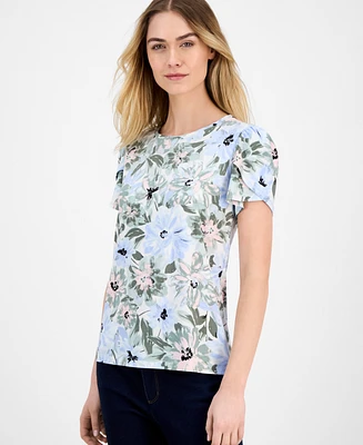 Ak Anne Klein Women's Printed Crewneck Tulip-Sleeve T-Shirt