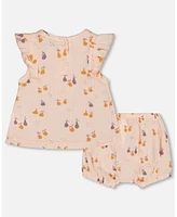 Deux par Baby Girls Printed Muslin Top And Bloomer Set Peach With Pears