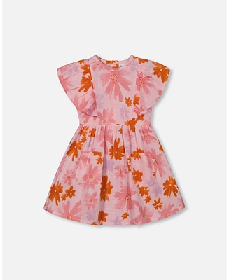 Deux par Baby Girls Printed Muslin Dress Pink And Coral Flowers