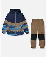 Deux par Toddler Boys Colorblock Printed Two-Piece Mid-Season Outerwear Set Navy Blue Mountains And Taupe - Toddler|Child