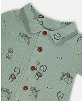 Deux par Baby Boys Printed Muslin Romper Sage Monkey