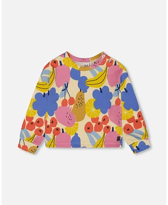 Deux par Big Girls Printed French Terry Sweatshirt Fruits On Yellow Background