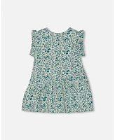 Deux par Toddler Girls Printed Cotton Tunic Top Small Turquoise Flowers - Toddler|Child