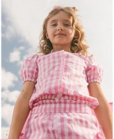 Deux par Toddler Girls Puff Sleeve Dress With Waist Tie Pink And White Checks - Toddler|Child