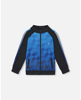 Deux par Boy Printed Full Zip Athletic Cardigan Blue And Black - Toddler|Child