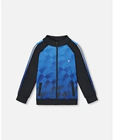 Deux par Boy Printed Full Zip Athletic Cardigan Blue And Black - Toddler|Child