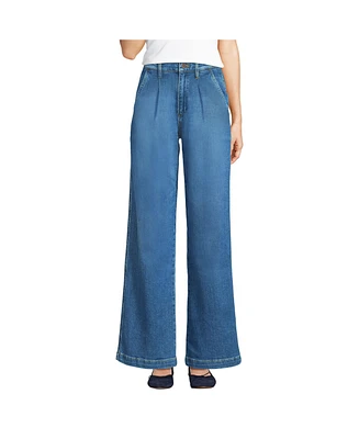 Lands' End Women's Petite High Rise Soft Denim Pleated Wide Leg Trousers