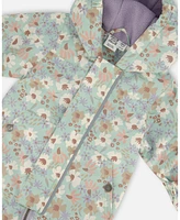 Deux par Baby Girls Printed Mid-Season One-Piece Outerwear With Hat Small White Flowers On Turquoise And Lilac