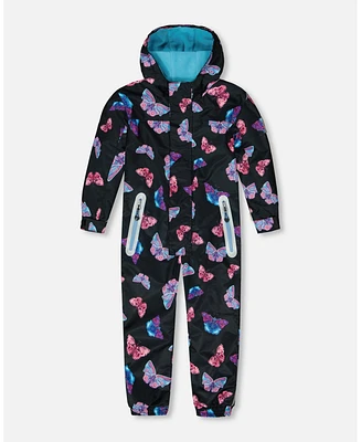 Deux par Deux Big Girls Printed Mid-Season One-Piece Outerwear Multicolored Butterflies On Black Background