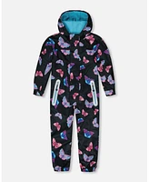 Deux par Deux Big Girls Printed Mid-Season One-Piece Outerwear Multicolored Butterflies On Black Background