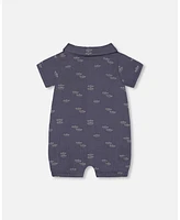 Deux par Baby Boys Printed Muslin Romper Navy Blue Paper Boats