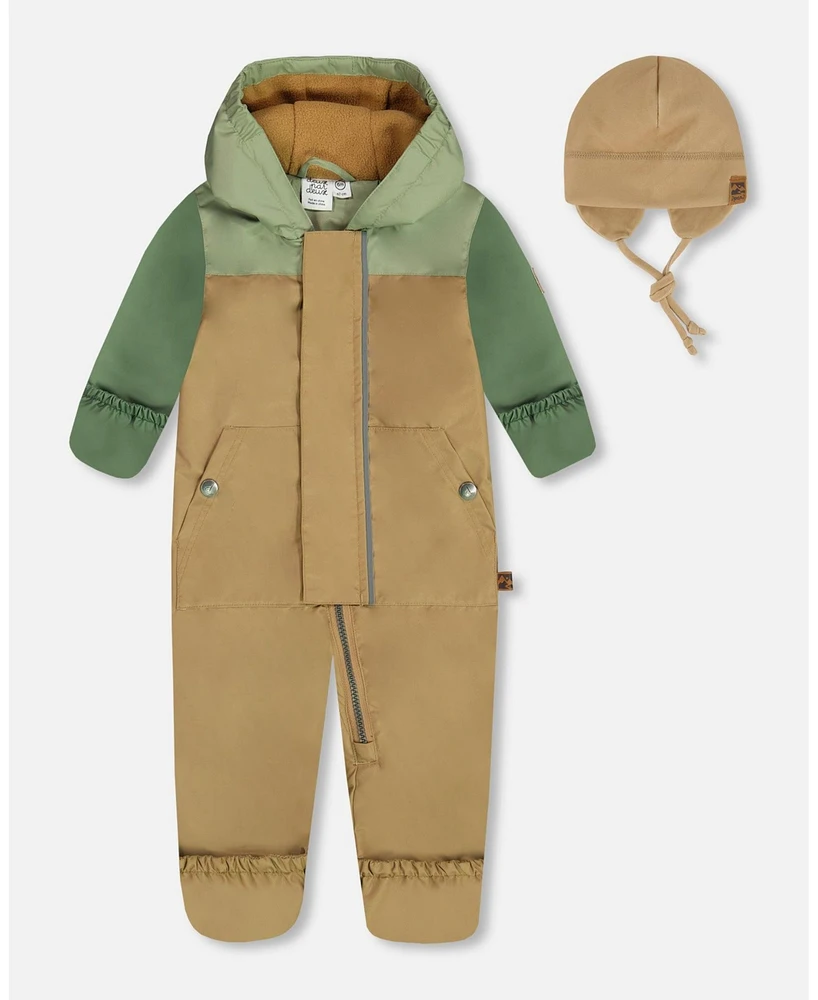 Deux par Baby Boys Colorblock Mid-Season One-Piece Outerwear With Hat Pale Green, Sage, And Tan