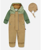 Deux par Baby Boys Colorblock Mid-Season One-Piece Outerwear With Hat Pale Green, Sage, And Tan