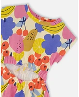 Deux par Big Girls Printed French Terry Dress Fruits On Yellow Background