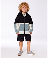 Deux par Toddler Boys French Terry Color Block Full Zip Hoodie Cardigan Sweatshirt Black, Teal And Shimmer - Toddler|Child