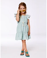 Deux par Deux Toddler Girls Chambray Dress With Embroidery Mint Green Striped - Toddler|Child