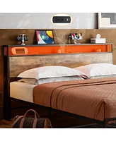 Storage Headboard with Led Lights, Charging Station, and 2-Tier Shelf