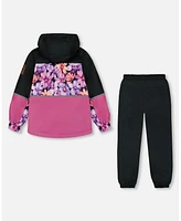 Deux par Big Girls Two-Piece Mid-Season Outerwear Set Black With Pink And Orange Flowers