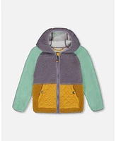 Deux par Big Girls Sherpa Mid-Season Colorblock Jacket Lilac, Pale Turquoise, And Yellow