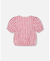 Deux par Big Girls Puff Sleeve Top Pink And White Checks