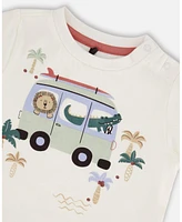 Deux par Deux Baby Boys Short Sleeve Top And French Terry Short Set Beige With Palm Trees And Blue Truck