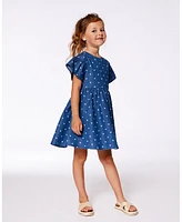 Deux par Big Girls Printed Chambray Dress Navy Blue And White Hearts