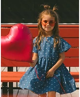 Deux par Big Girls Printed Chambray Dress Navy Blue And White Hearts