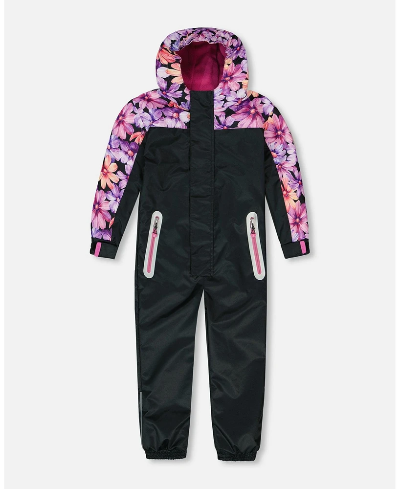 Deux par Toddler Girls Mid-Season One-Piece Outerwear Black With Pink And Orange Flowers - Toddler|Child