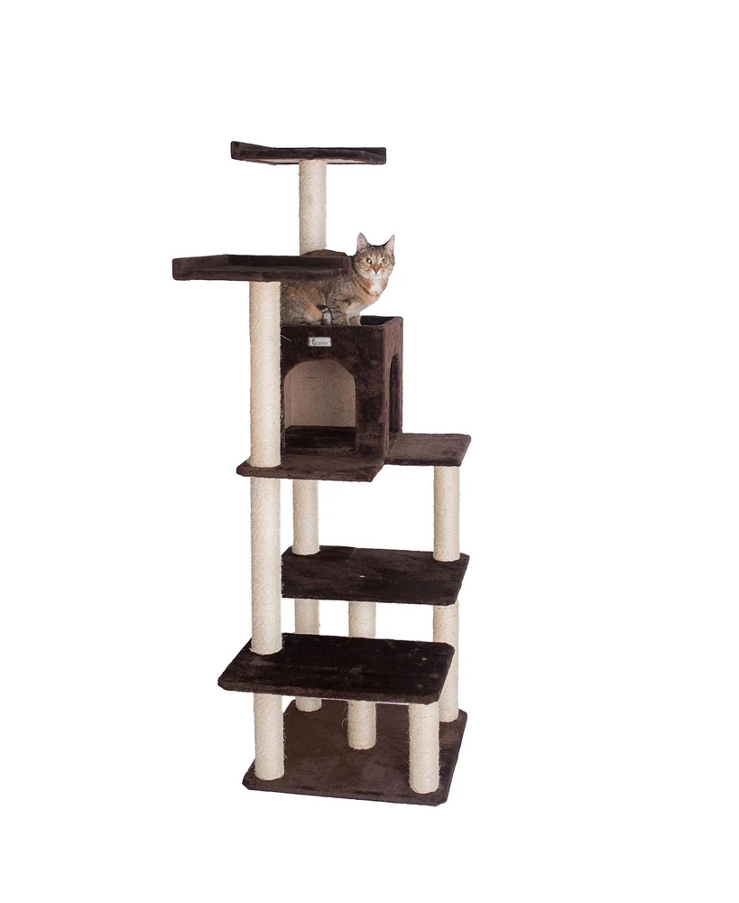 GleePet GP78680723 66-Inch Real Wood Cat Tree In Coffee Brown With Four Levels, Two Perches, Condo