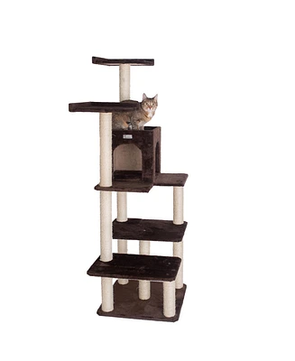 GleePet GP78680723 66-Inch Real Wood Cat Tree In Coffee Brown With Four Levels, Two Perches, Condo