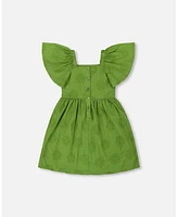 Deux par Big Girls Frill Sleeve Dress With Embroidery Green