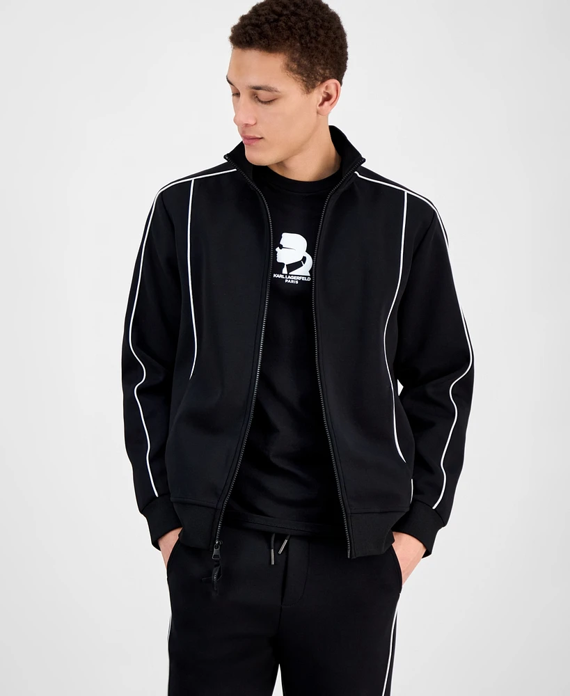 Karl Lagerfeld Paris Men's Relaxed-Fit Contrast Piping Full-Zip Fleece Scuba Track Jacket