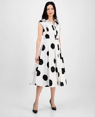 T Tahari Women's Dot-Print Belted Fit & Flare Dress