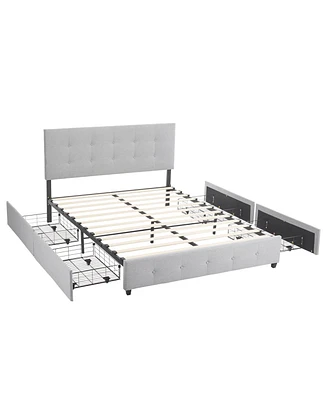 Upholstered Platform Storage Bed Frame with 4 Drawers Space-Saving Bedroom Organization Solution
