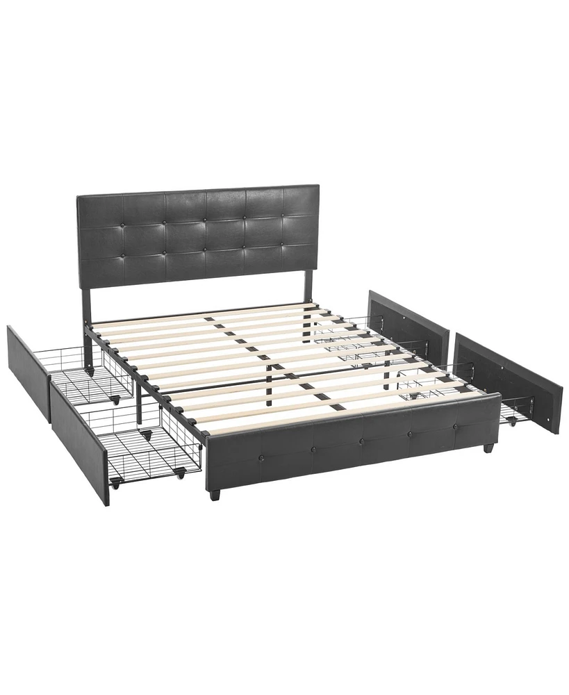 Upholstered Platform Storage Bed Frame with 4 Drawers for Bedroom Organization and Space-Saving