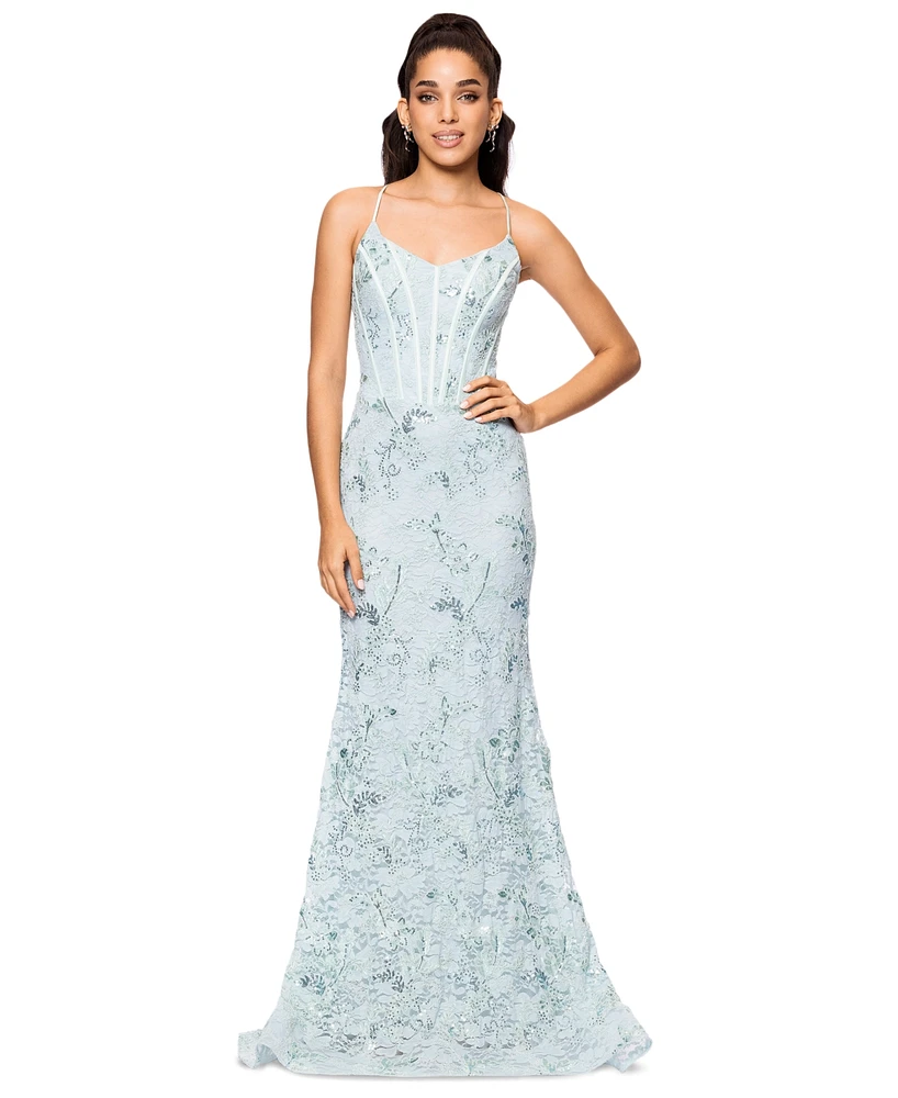 Betsy & Adam Women's Sequined Lace Corset Gown