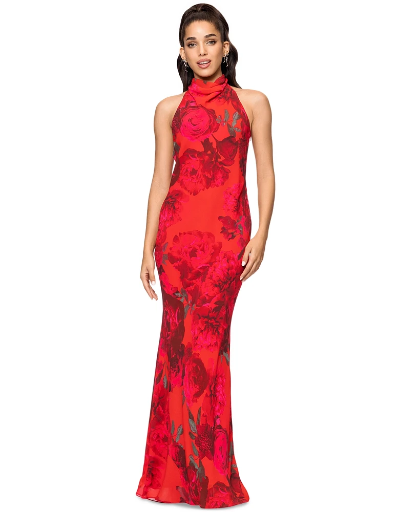 Betsy & Adam Women's Floral-Print Halter Gown