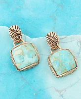 Barse Carved Blue Turquoise Golden Square Drop Earrings