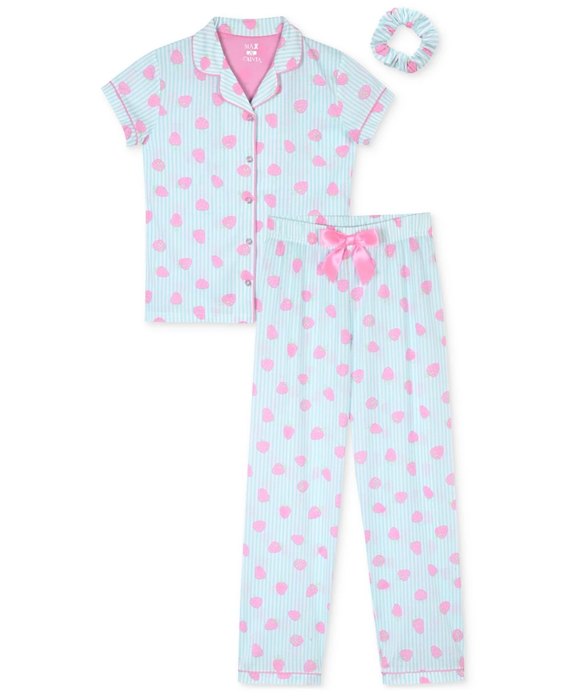 Max & Olivia Little Big Girls Strawberry-Print Long Coat Pajamas, 3 Piece Set