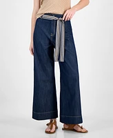 Tommy Hilfiger Women's Belted High Rise Wide-Leg Jeans