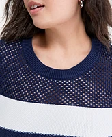 On 34th Trendy Plus Open-Knit Striped Short-Sleeve Sweater, Exclusively at Macy's