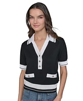 Karl Lagerfeld Paris Petite Short-Sleeve Tipped Polo Sweater