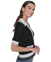 Karl Lagerfeld Paris Petite Short-Sleeve Tipped Polo Sweater