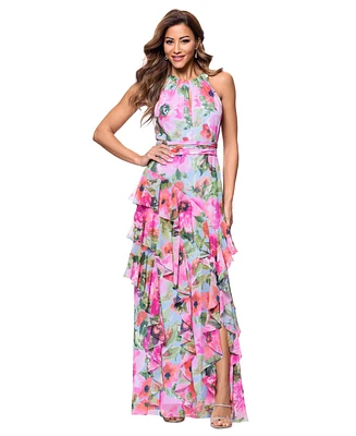 Xscape Petite Floral-Print Ruffled Gown