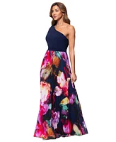 Xscape Petite Printed One-Shoulder Gown