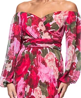 Xscape Petite Floral-Print Pleated Off-The-Shoulder Gown